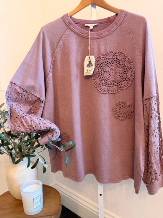 EASEL Sweaters - EASEL EYELET LACE WASHED TERRY PULLOVER 100% COTTON